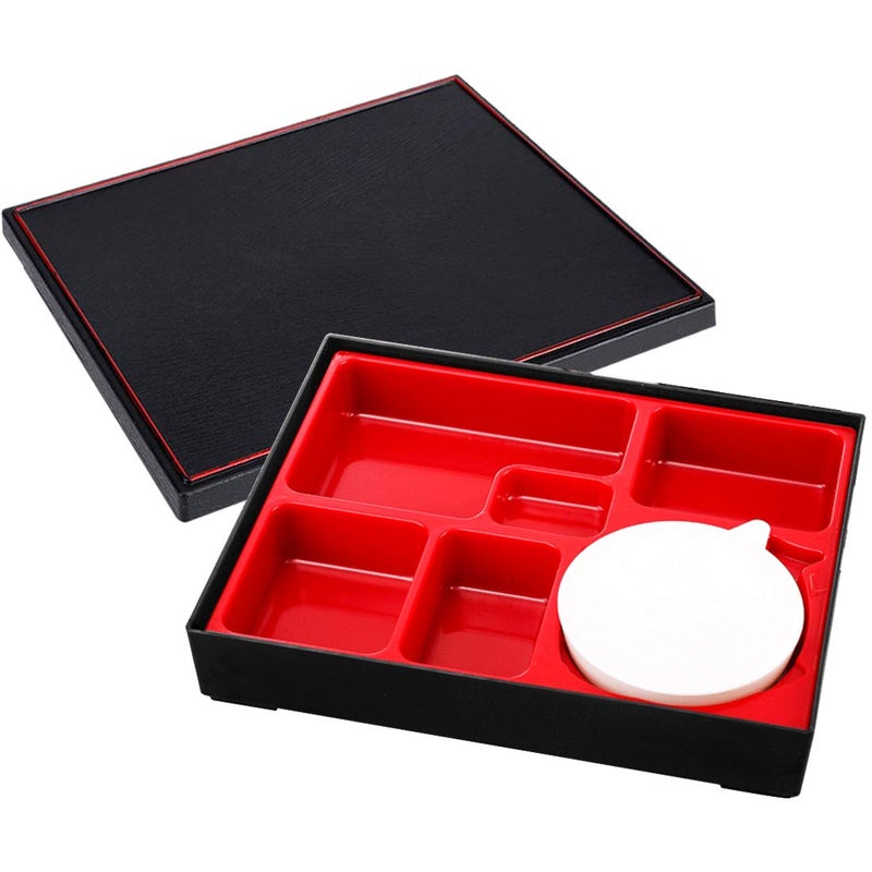 Together-life Japanese Bento Box, 5 Compartment Traditional Sushi Bento Box Lunch Box Plastic Snack Serving Tray with Lid Serving Dish Food Container for Home Restaurant Business Office Picnic - Image 1